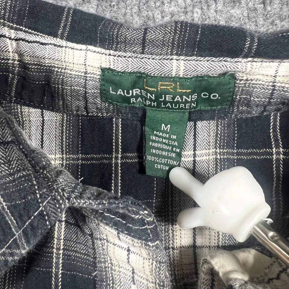 Ralph Lauren Flannel Shirt Women Medium Black White Plaid Cotton Roll Tab Sleeve - Picture 3 of 12